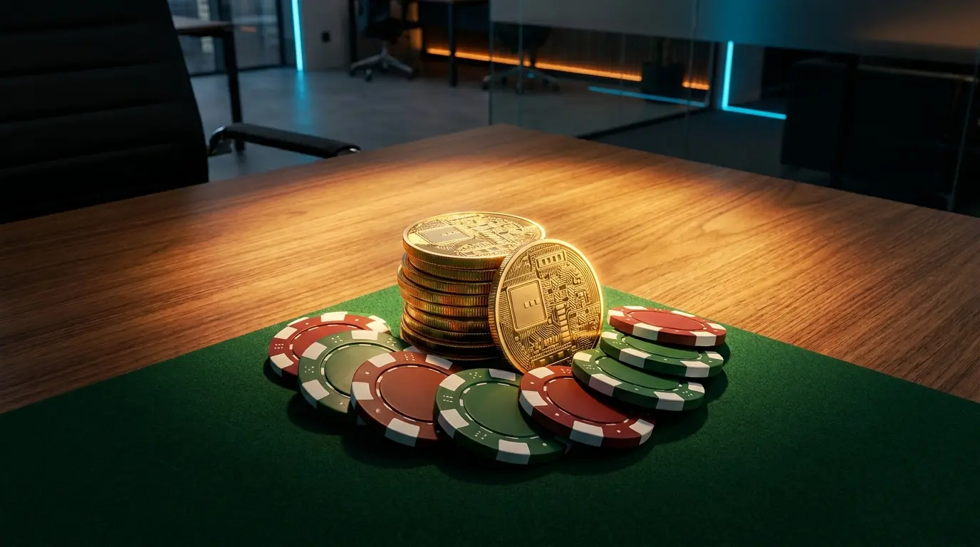 Monete crypto e fiches da poker con colori italiani su tavolo verde