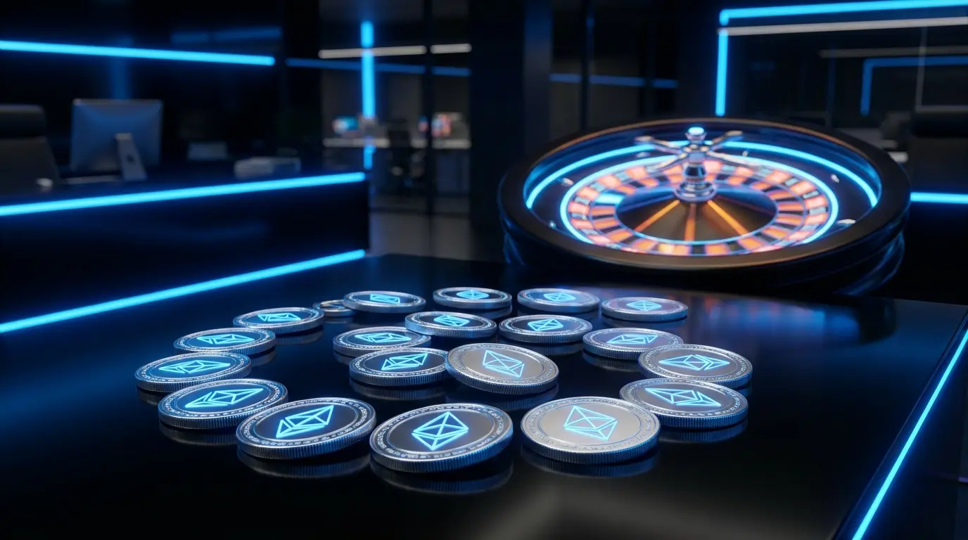 Criptovalute e roulette in movimento con illuminazione blu