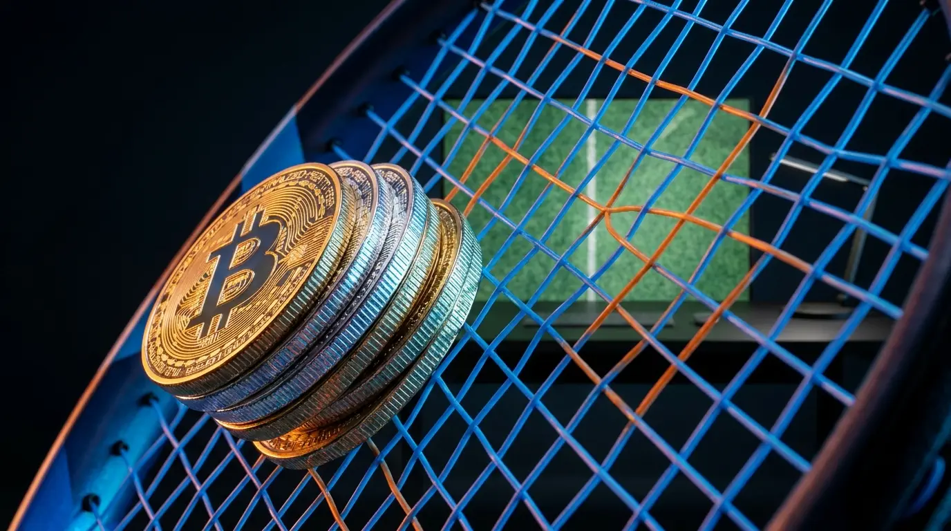 Criptovalute impilate con racchetta da tennis sullo sfondo