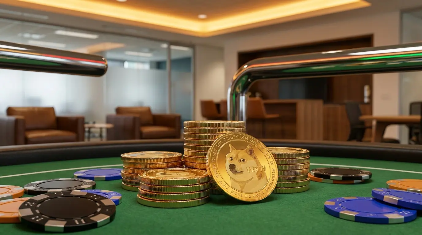 Monete Dogecoin dorate su tavolo da gioco con fiches da casinò