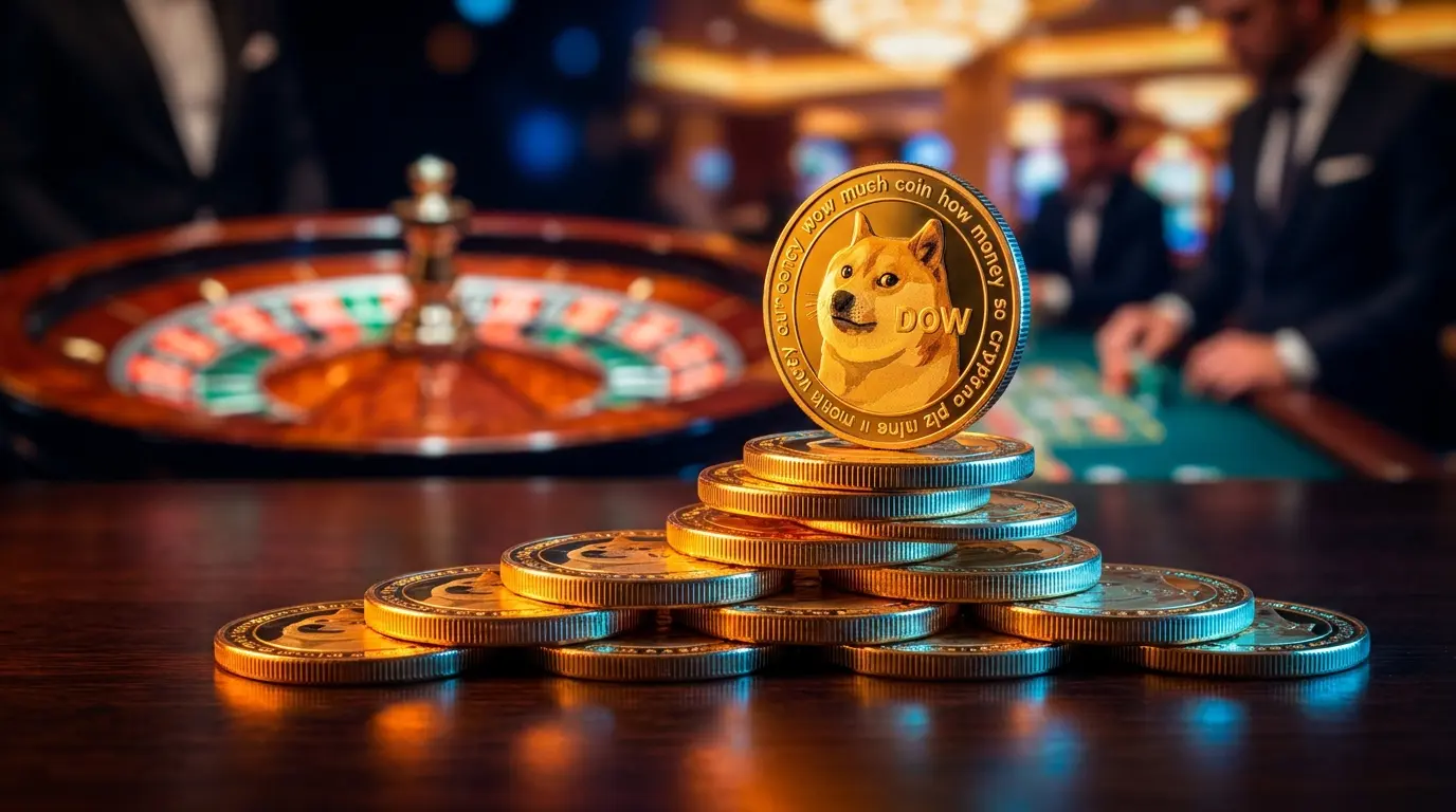 Dogecoin impilati con roulette sfocata sullo sfondo del casinò