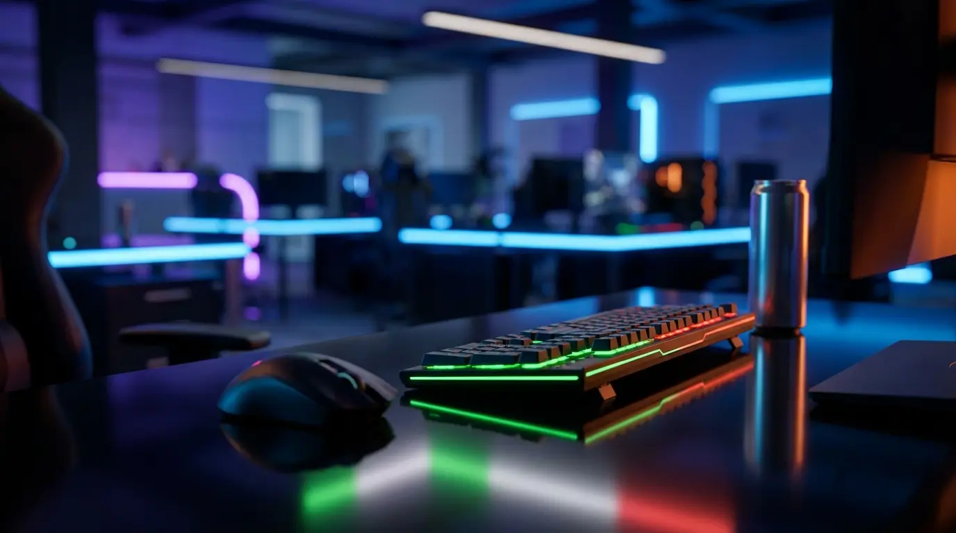 Setup gaming con illuminazione neon per scommesse Dota 2