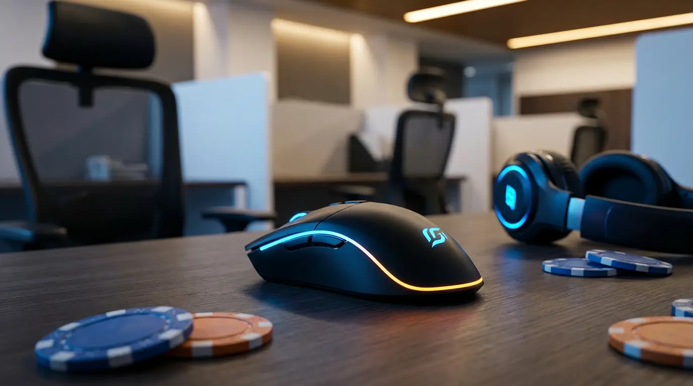 Mouse da gaming e cuffie circondati da fiches da poker con luci neon