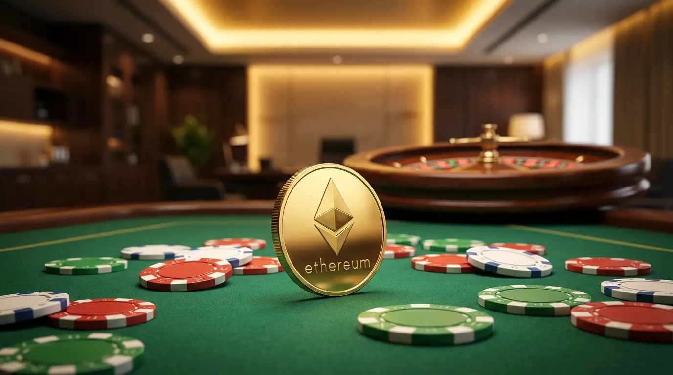Moneta Ethereum su tavolo da casinò con chip colorati