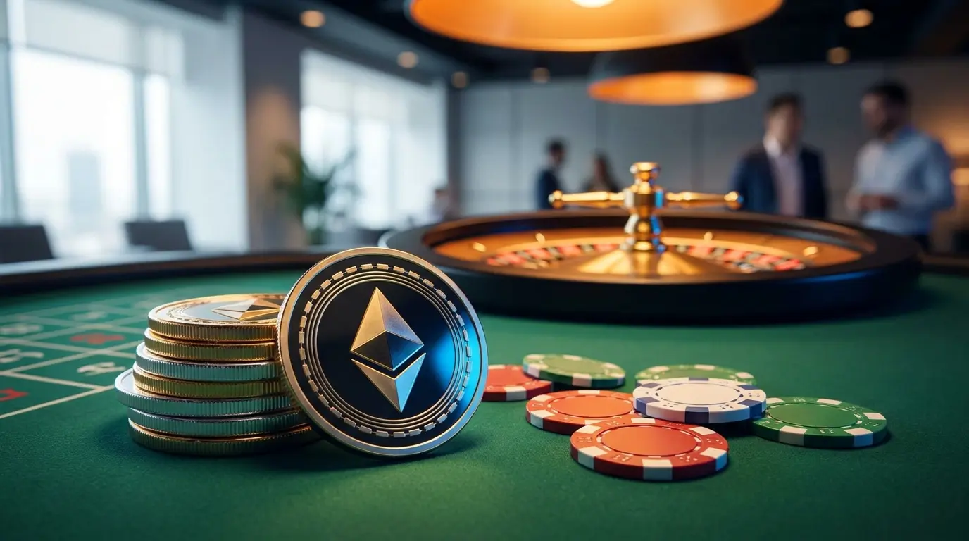 Monete Ethereum e fiches da casinò con colori della bandiera italiana