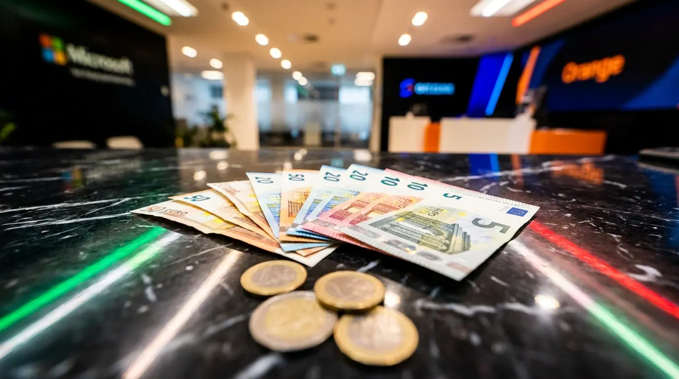 Banconote euro su banco con riflessi tricolore italiano