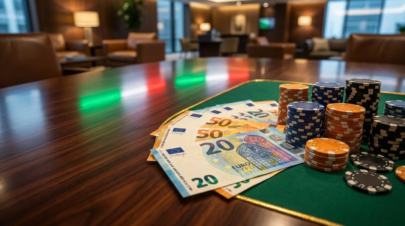 Banconote euro e fiches da casinò su feltro verde con colori italiani