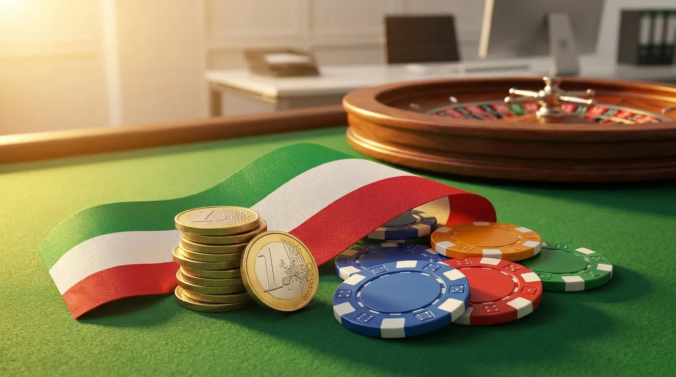 Monete euro e fiches da casinò con nastro tricolore italiano