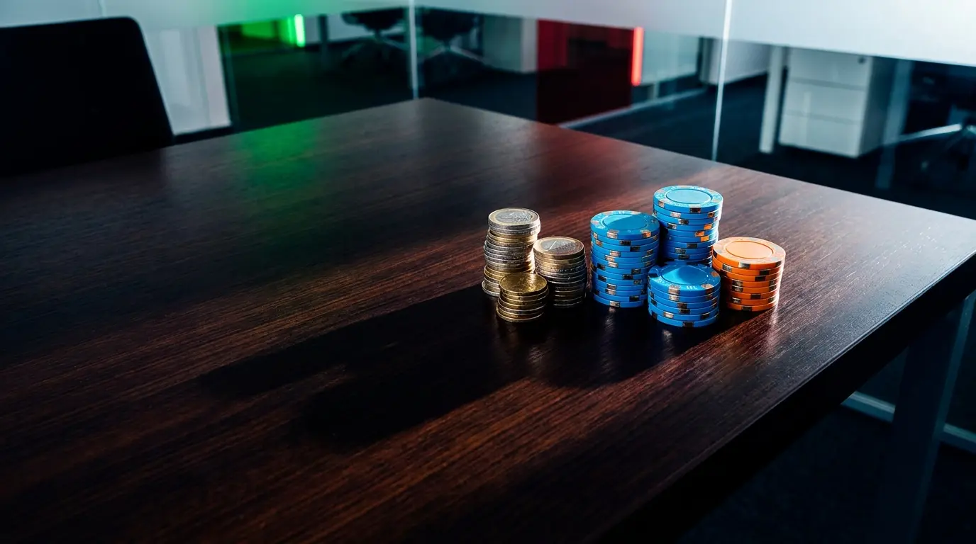 Monete euro impilate accanto a fiches da gioco su tavolo