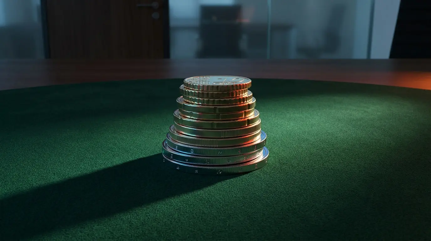 Monete euro impilate su tavolo da gioco verde con riflessi tricolore