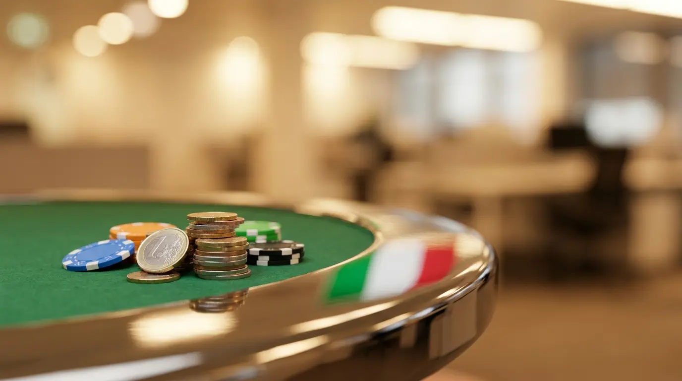 Monete euro e fiches da casinò su tavolo verde con colori italiani