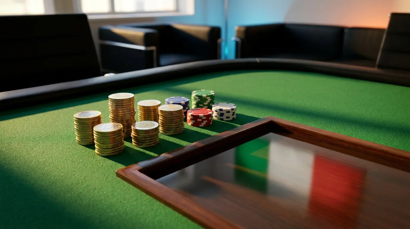 Monete euro e fiches da gioco su tavolo verde con colori italiani
