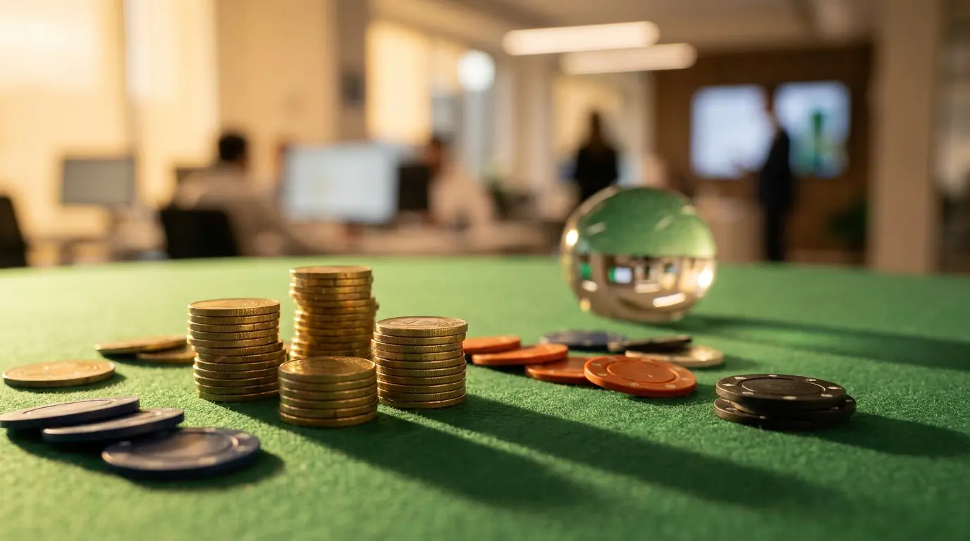 Monete euro e fiches da casinò su tavolo verde con illuminazione dorata