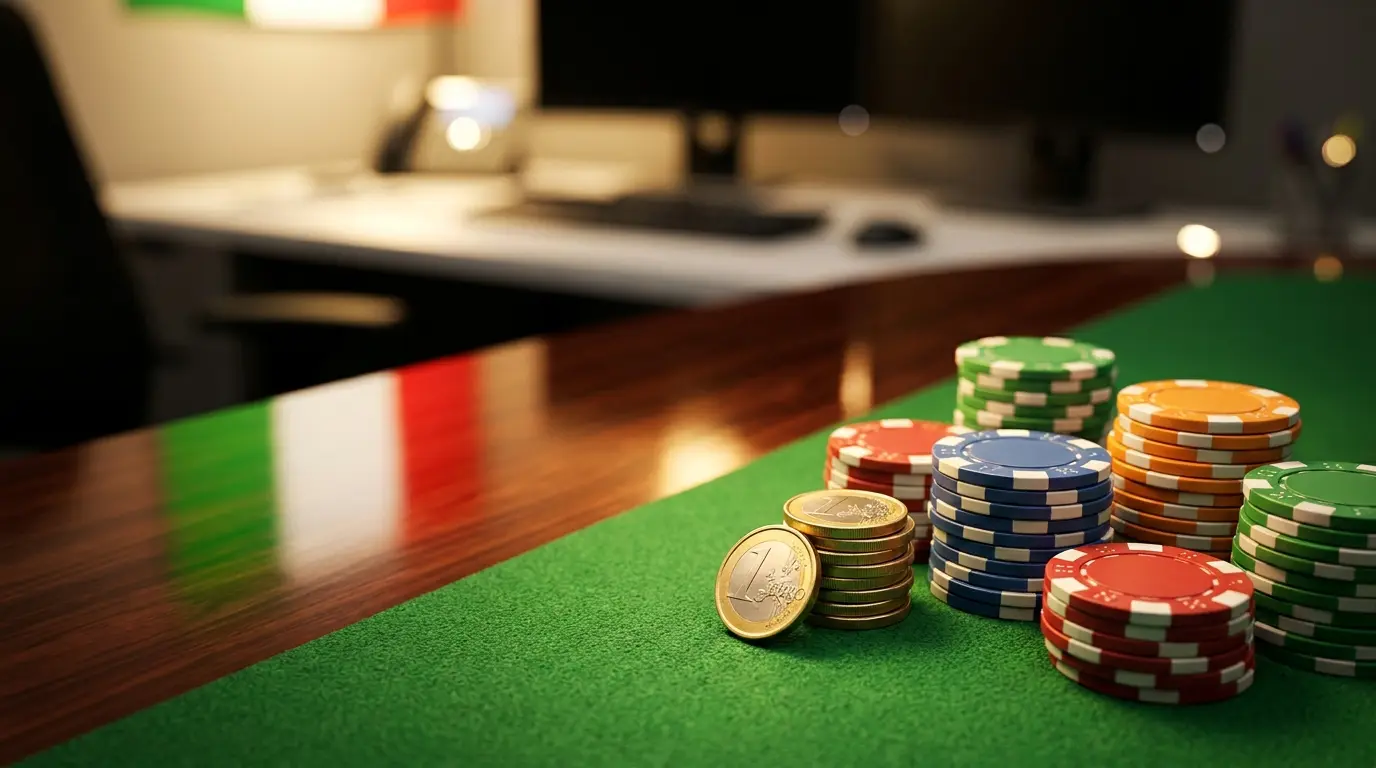 Monete euro e fiches da casinò su tavolo verde