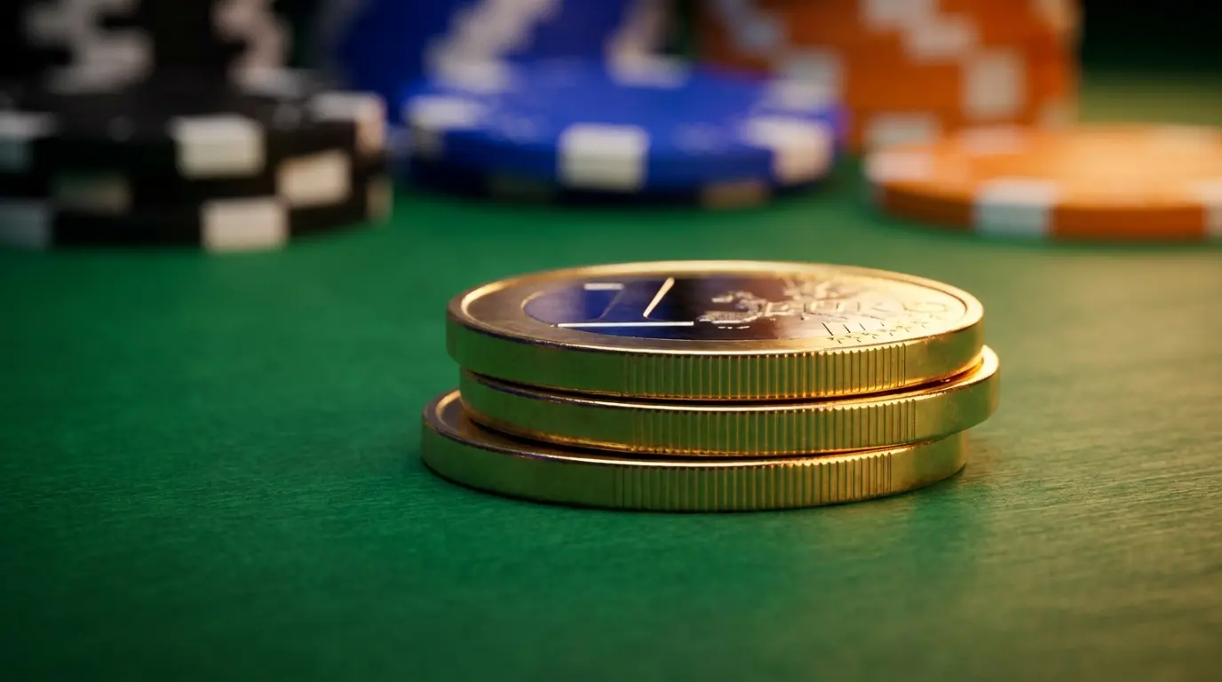 Monete euro su tavolo da gioco con fiches sfocate