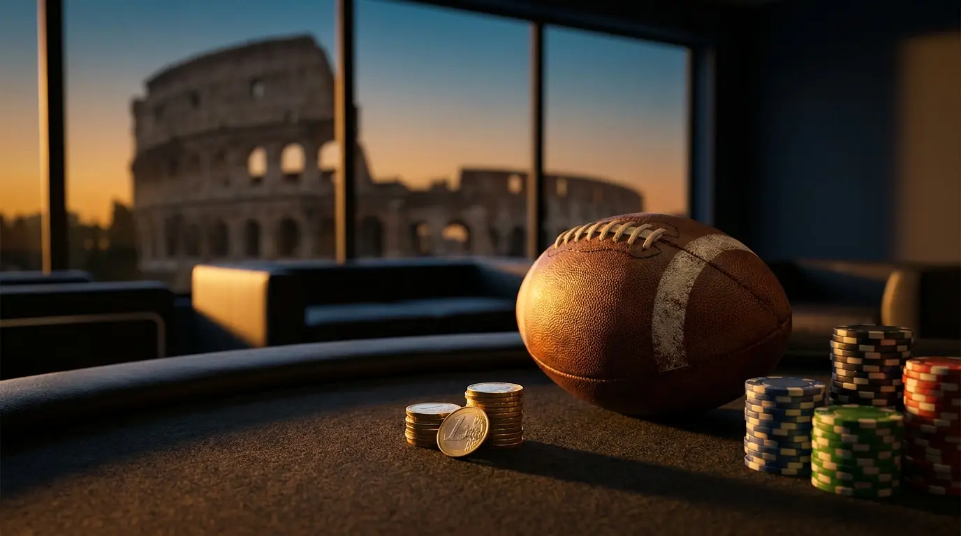 Monete euro con pallone e fiches, Colosseo sullo sfondo
