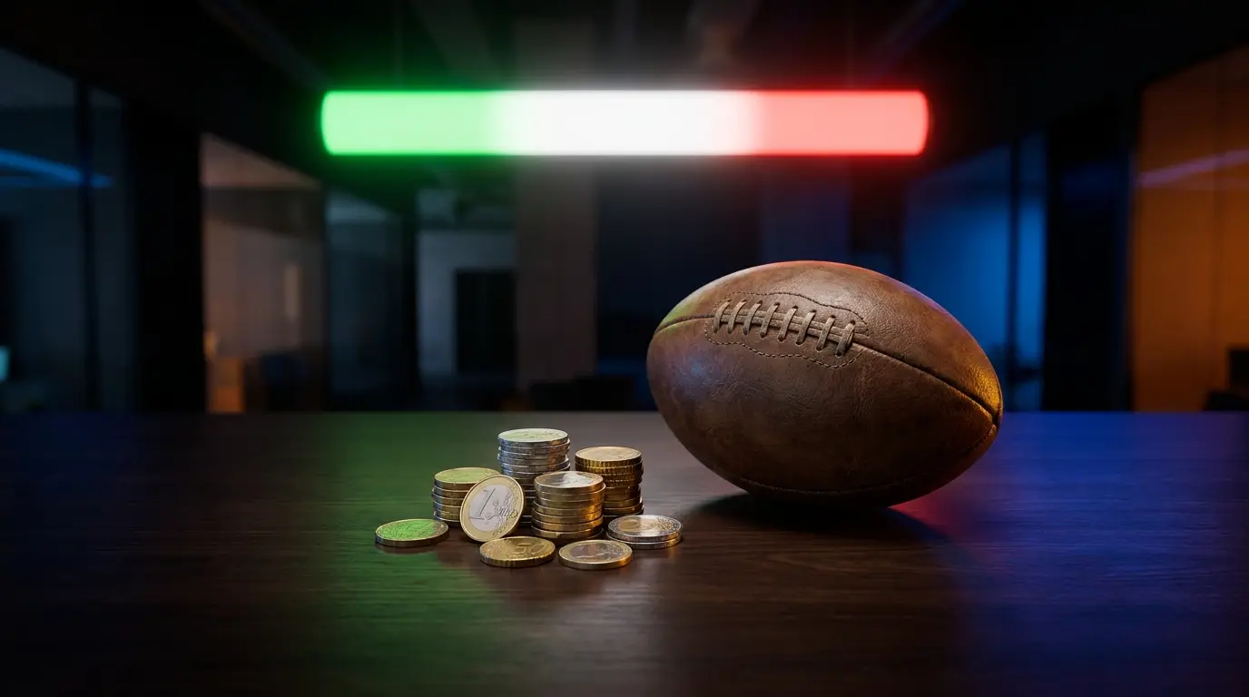 Monete euro e pallone con illuminazione tricolore italiana