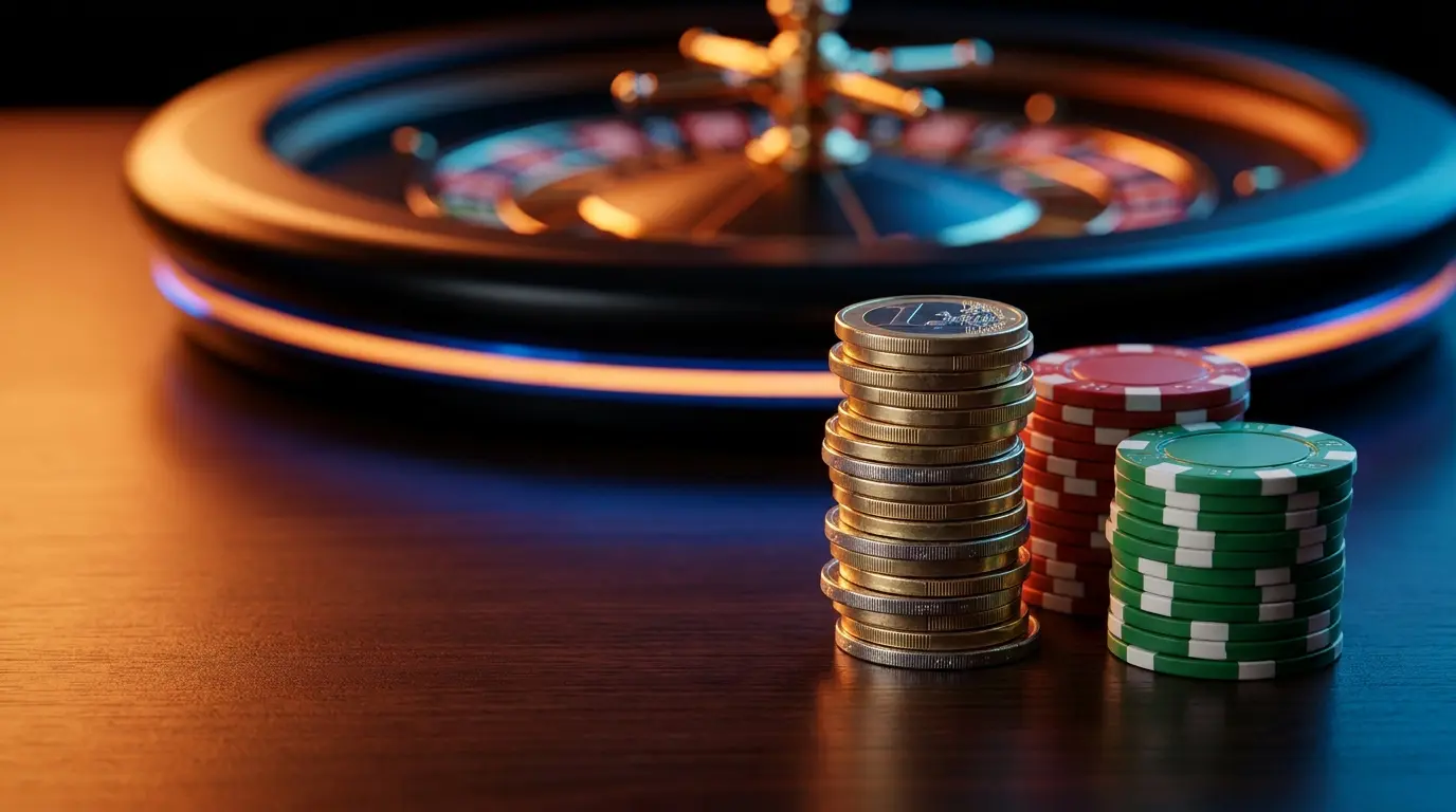 Monete euro e fiches da casinò con colori italiani