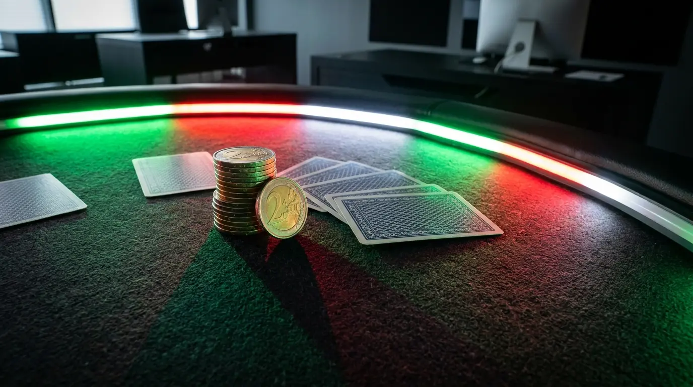 Monete euro e carte da gioco su tavolo da casinò