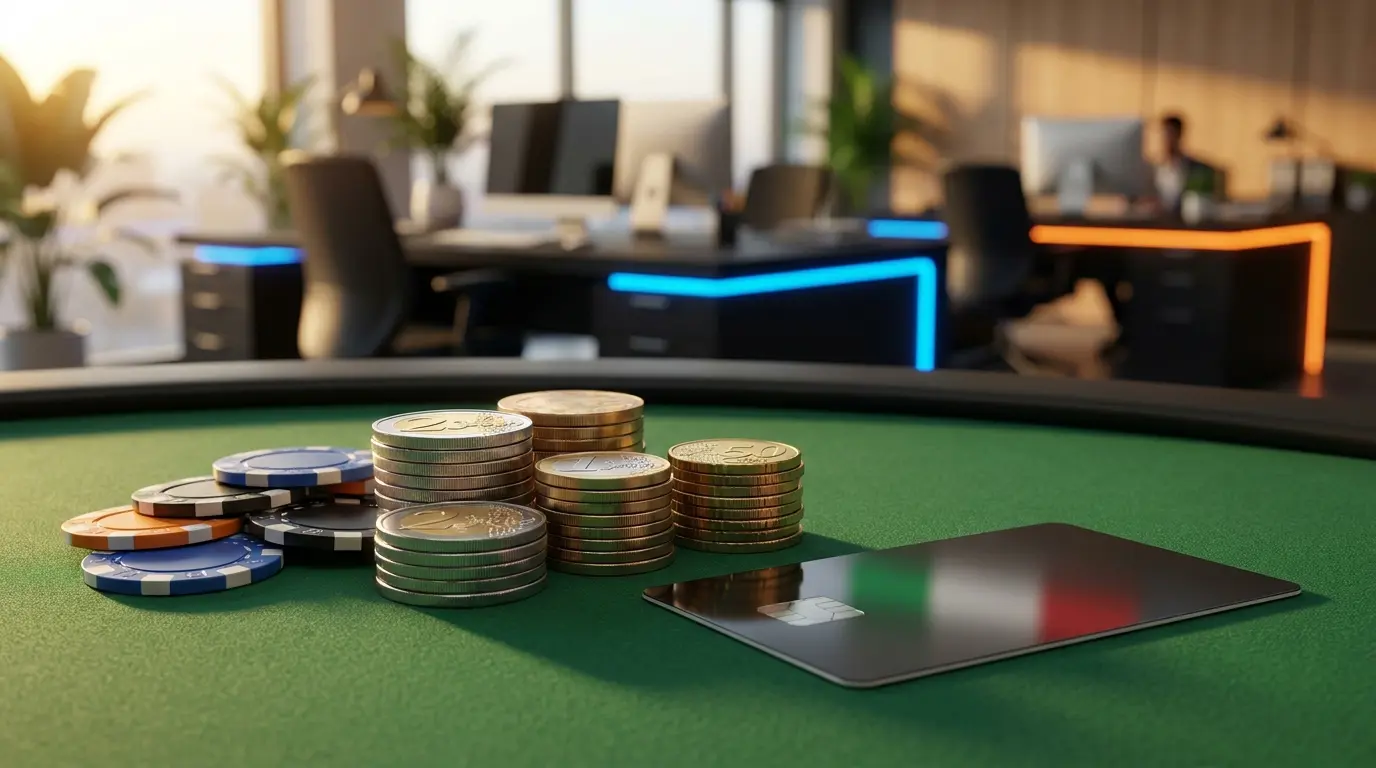 Monete euro e chip da poker con riflessi tricolore italiano