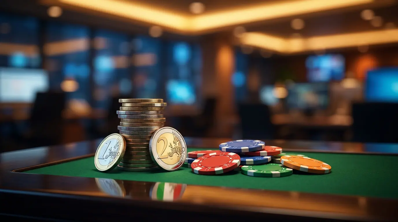Monete da 15 euro e fiches da poker su tavolo da gioco
