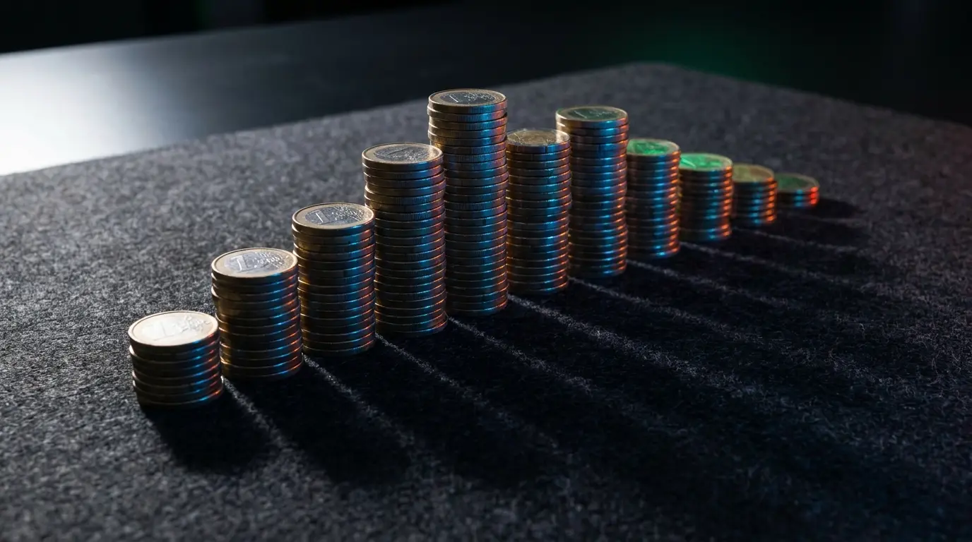 Monete euro impilate su superficie scura con luci drammatiche