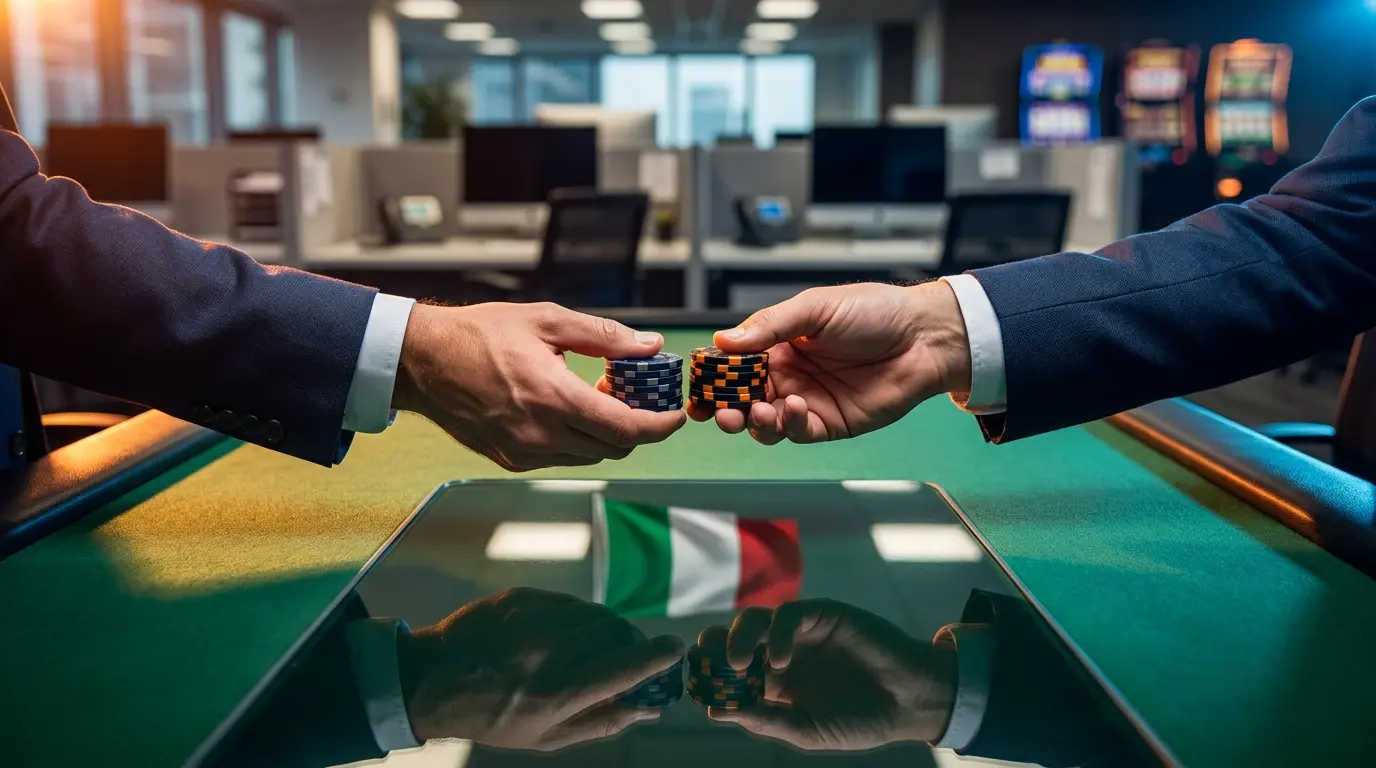 Scambio di fiches da poker su tavolo verde con colori italiani