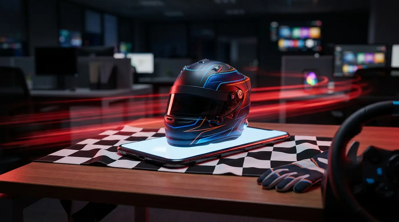 Casco F1 e smartphone con illuminazione sportiva dinamica