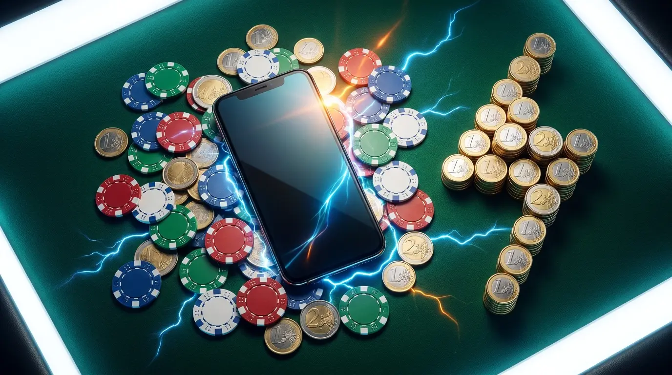 Smartphone con fiches da poker e monete in euro su feltro verde