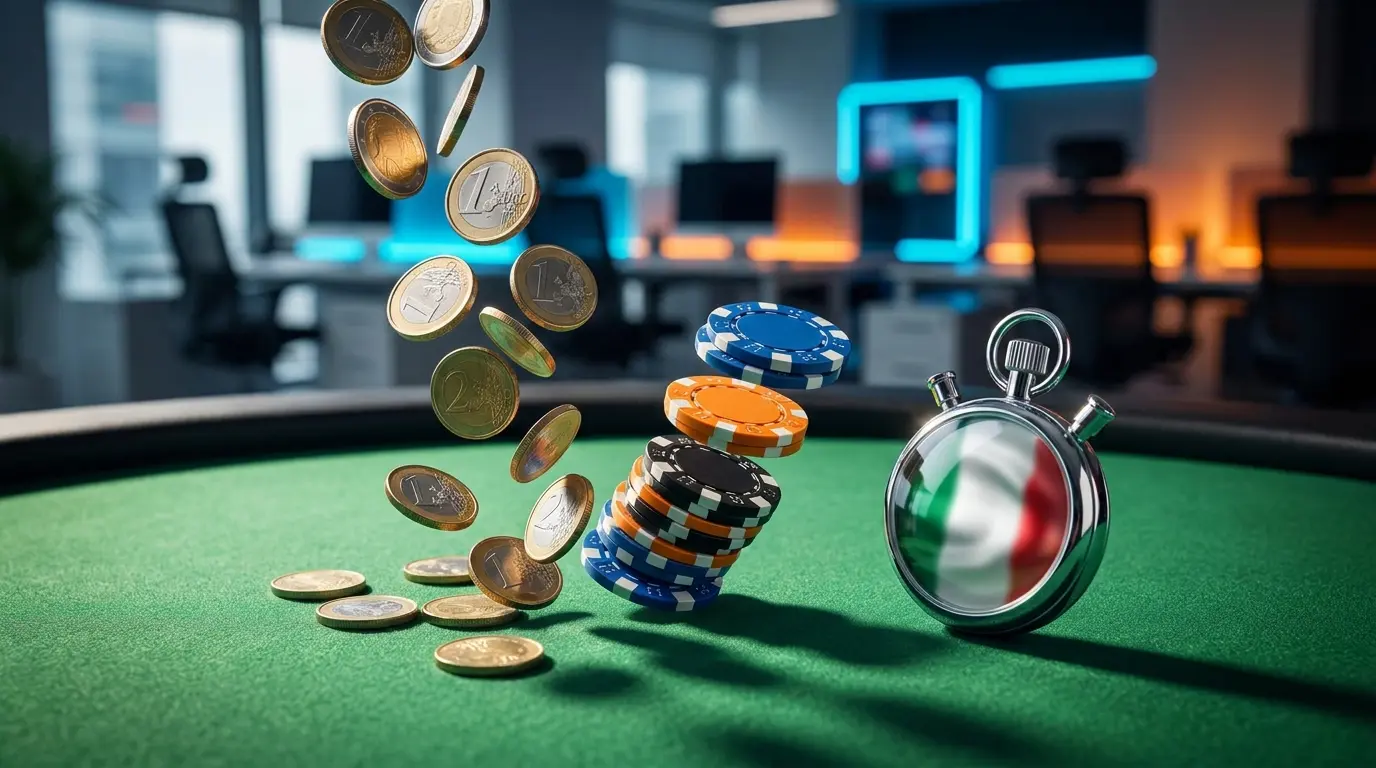 Monete euro e fiches da poker con cronometro, simbolo di prelievi veloci