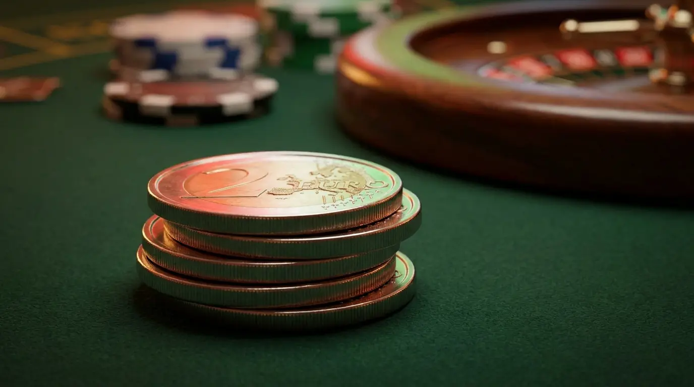 Monete da cinque euro su tavolo da casinò con fiches