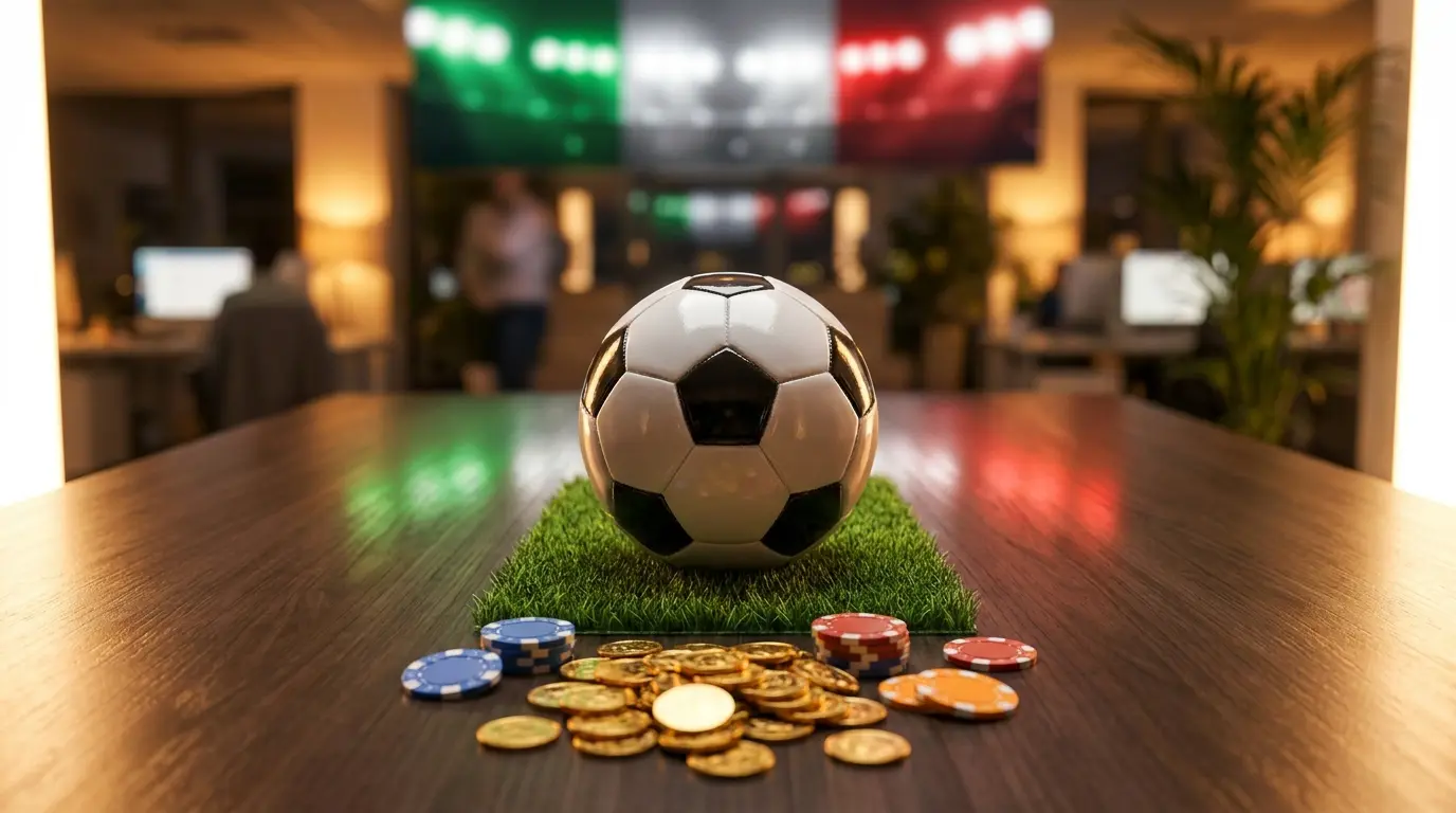 Pallone da calcio su campo con fiches e monete in primo piano