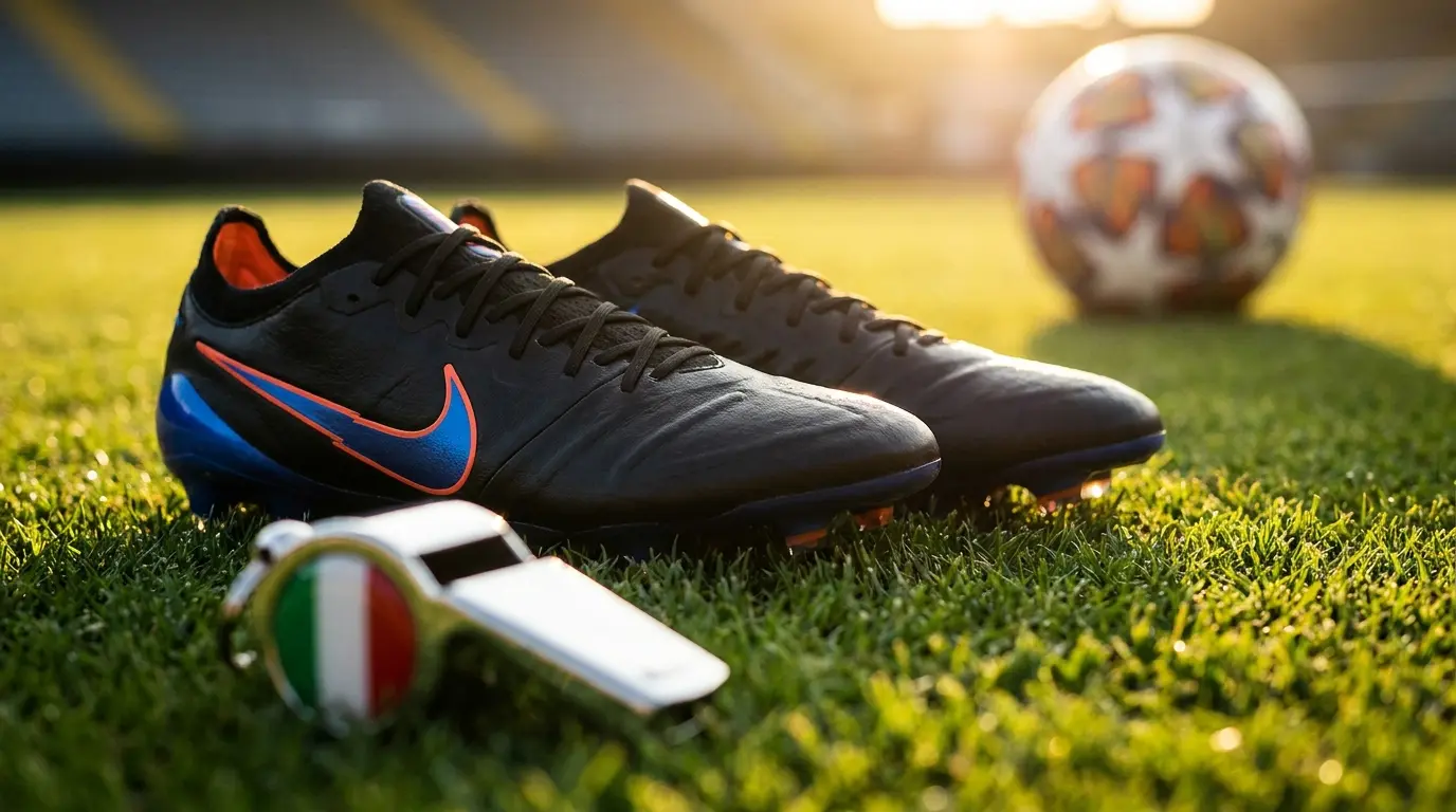 Scarpini da calcio su campo con pallone Champions League