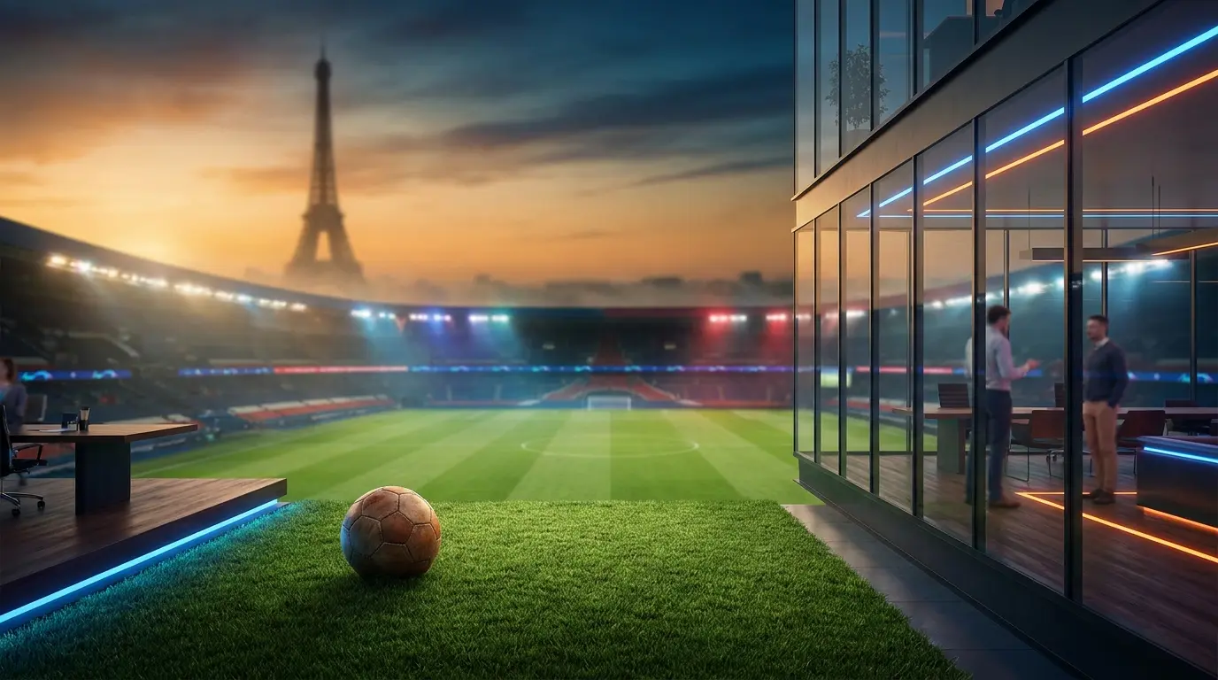 Pallone da calcio con Torre Eiffel sullo sfondo