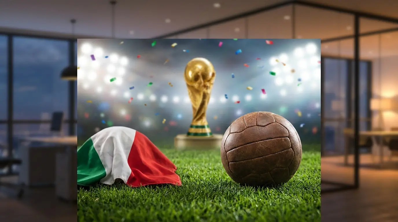 Pallone da calcio con colori italiani e trofeo sullo sfondo