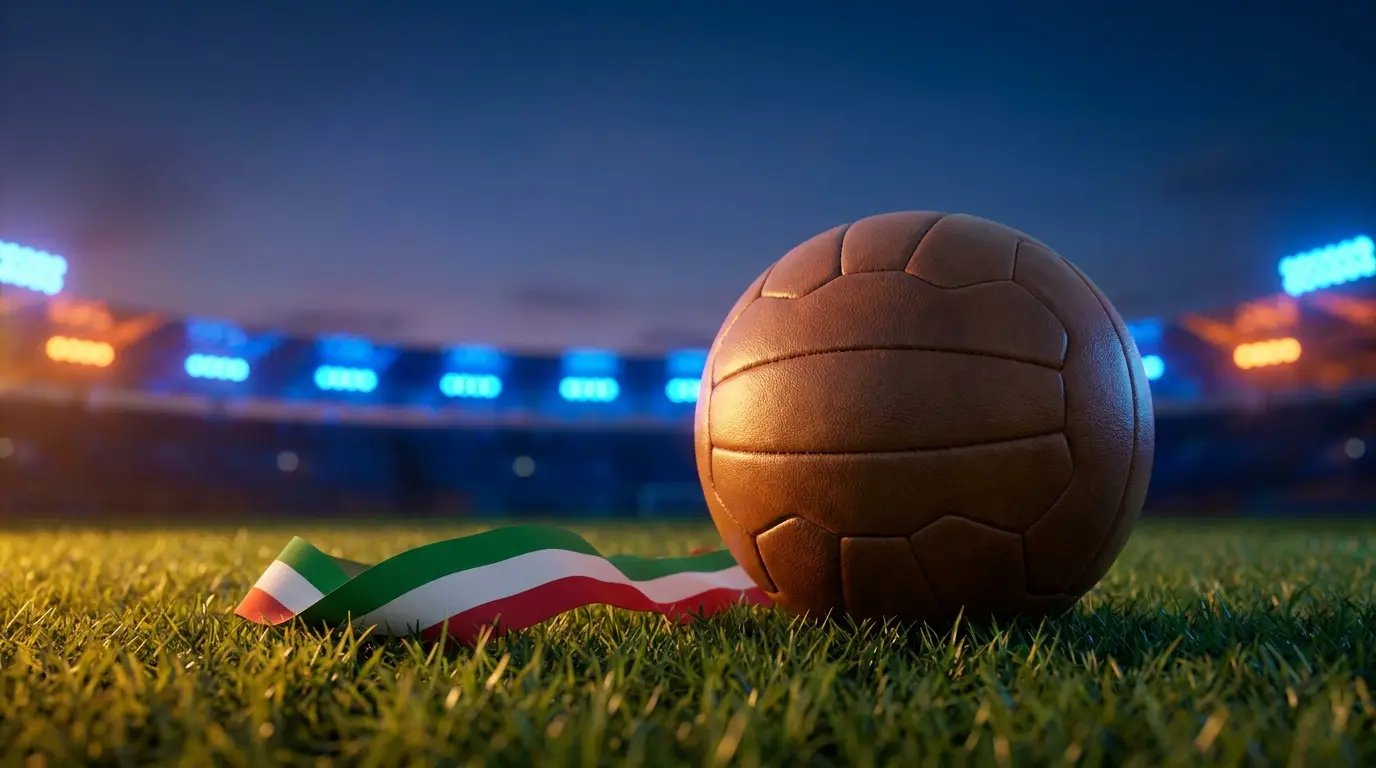 Pallone da calcio con nastro tricolore italiano su campo