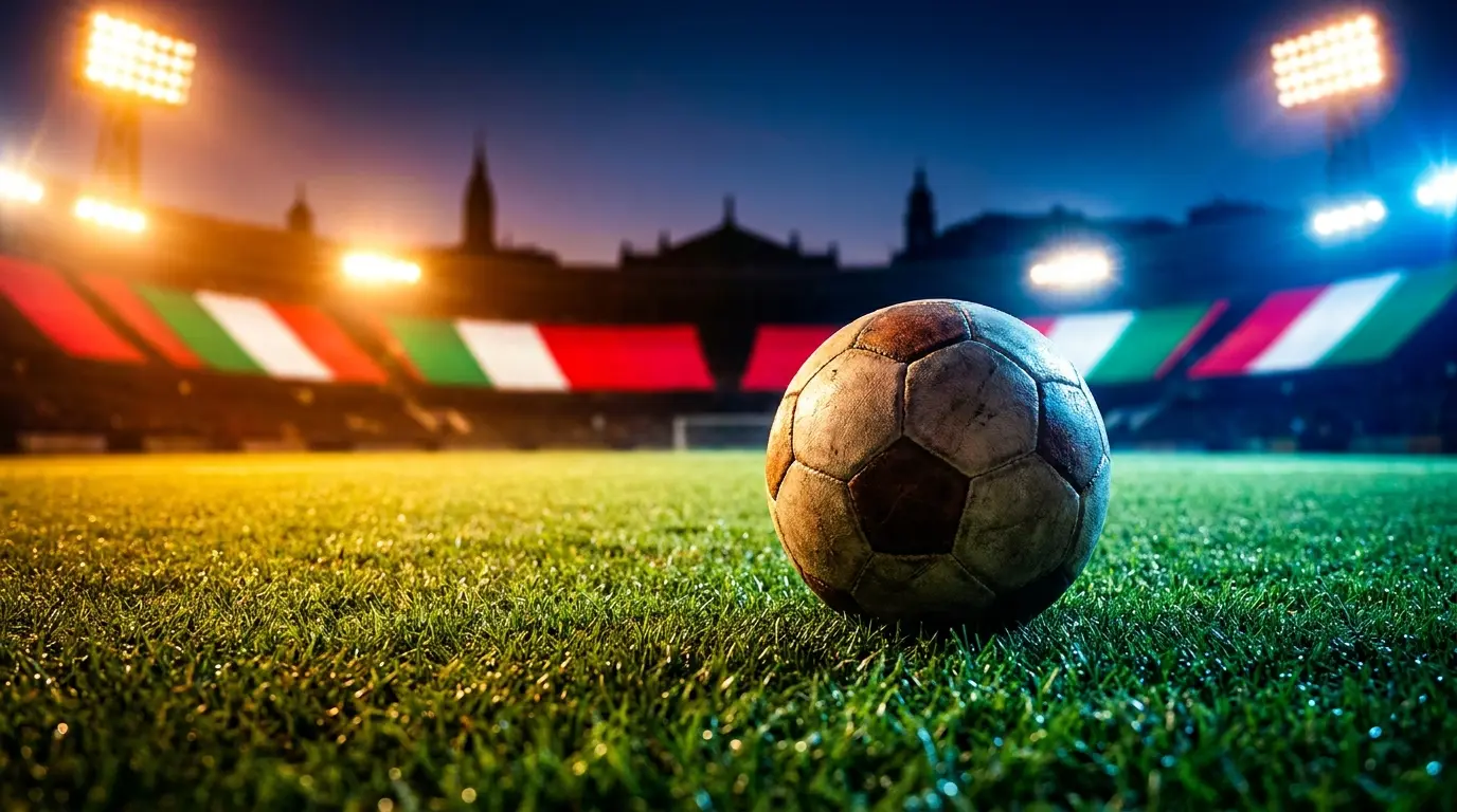 Pallone da calcio su campo con i colori della bandiera italiana