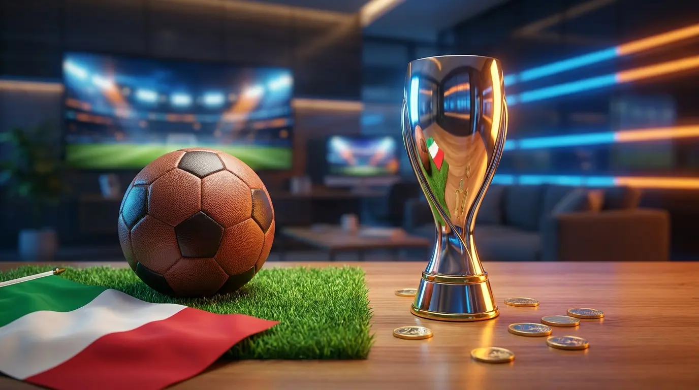 Pallone da calcio con colori italiani e trofeo su campo verde