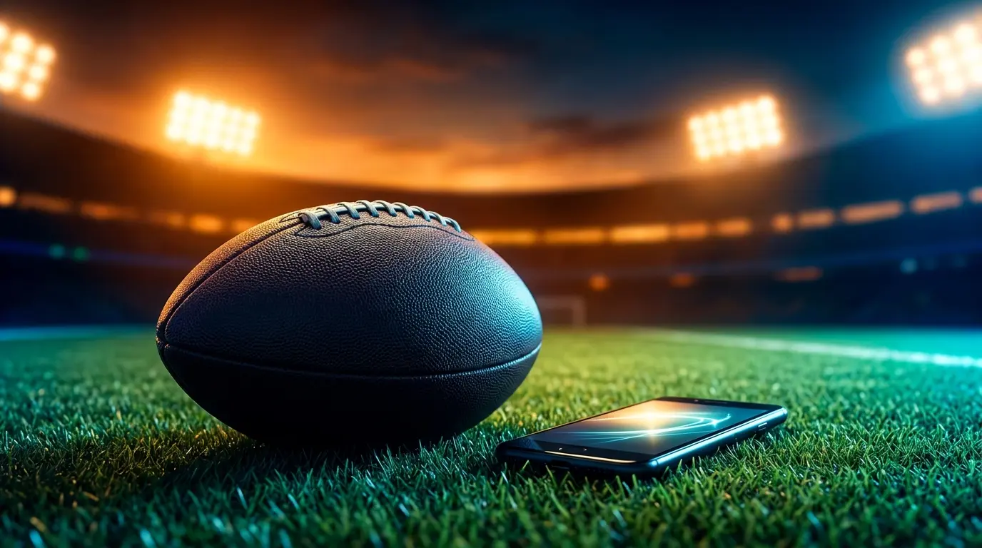 Pallone da calcio e smartphone su campo con luci stadio
