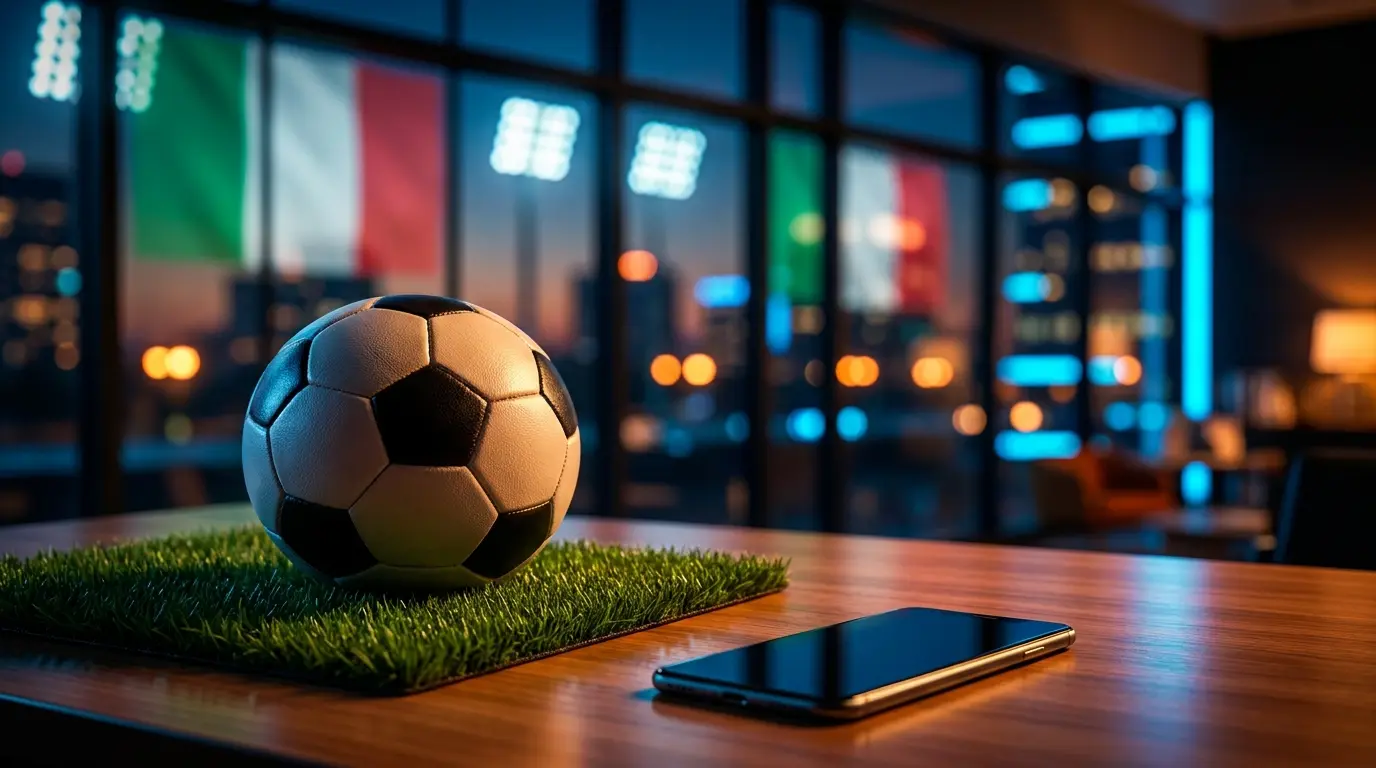 Pallone da calcio su campo con smartphone e luci stadio