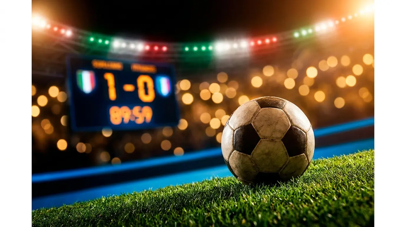 Pallone da calcio su campo con illuminazione serale da stadio
