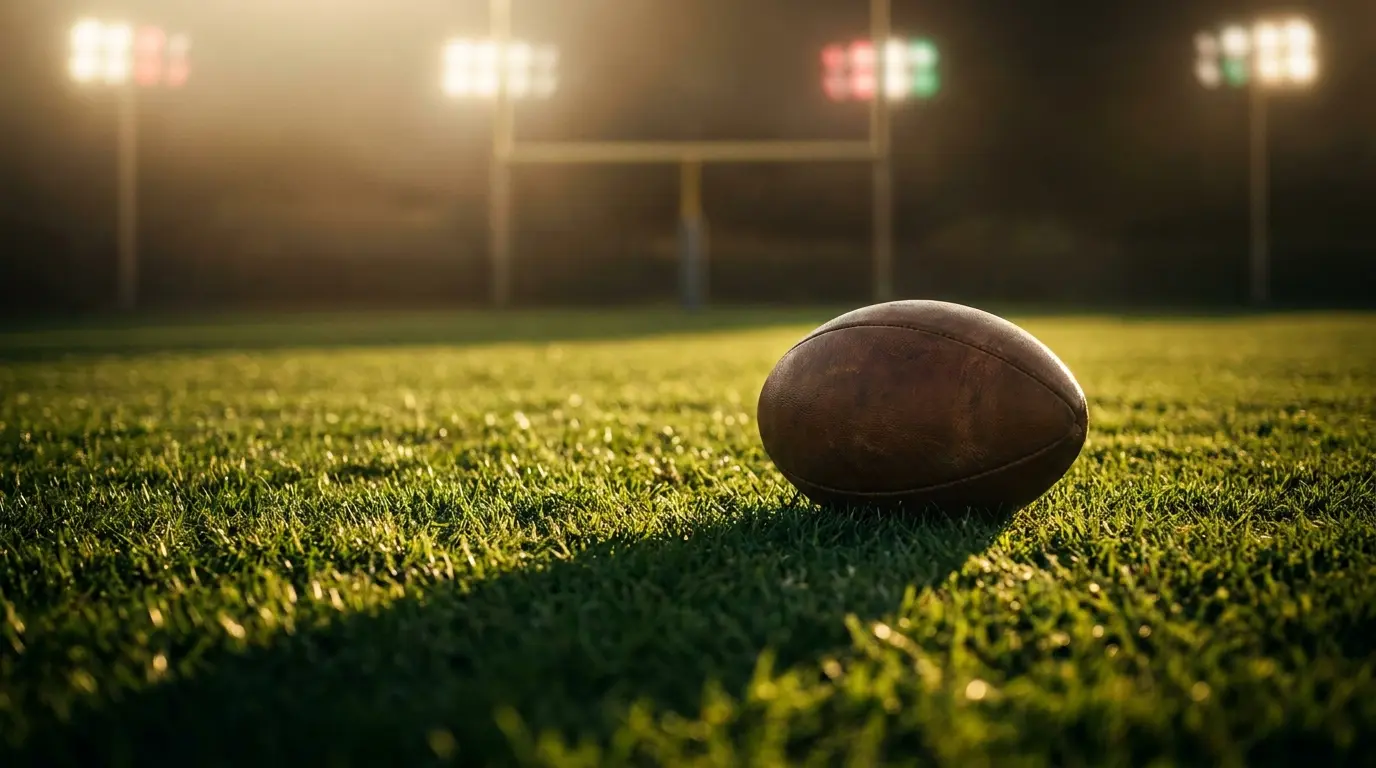 Pallone da calcio su campo verde con luci dello stadio
