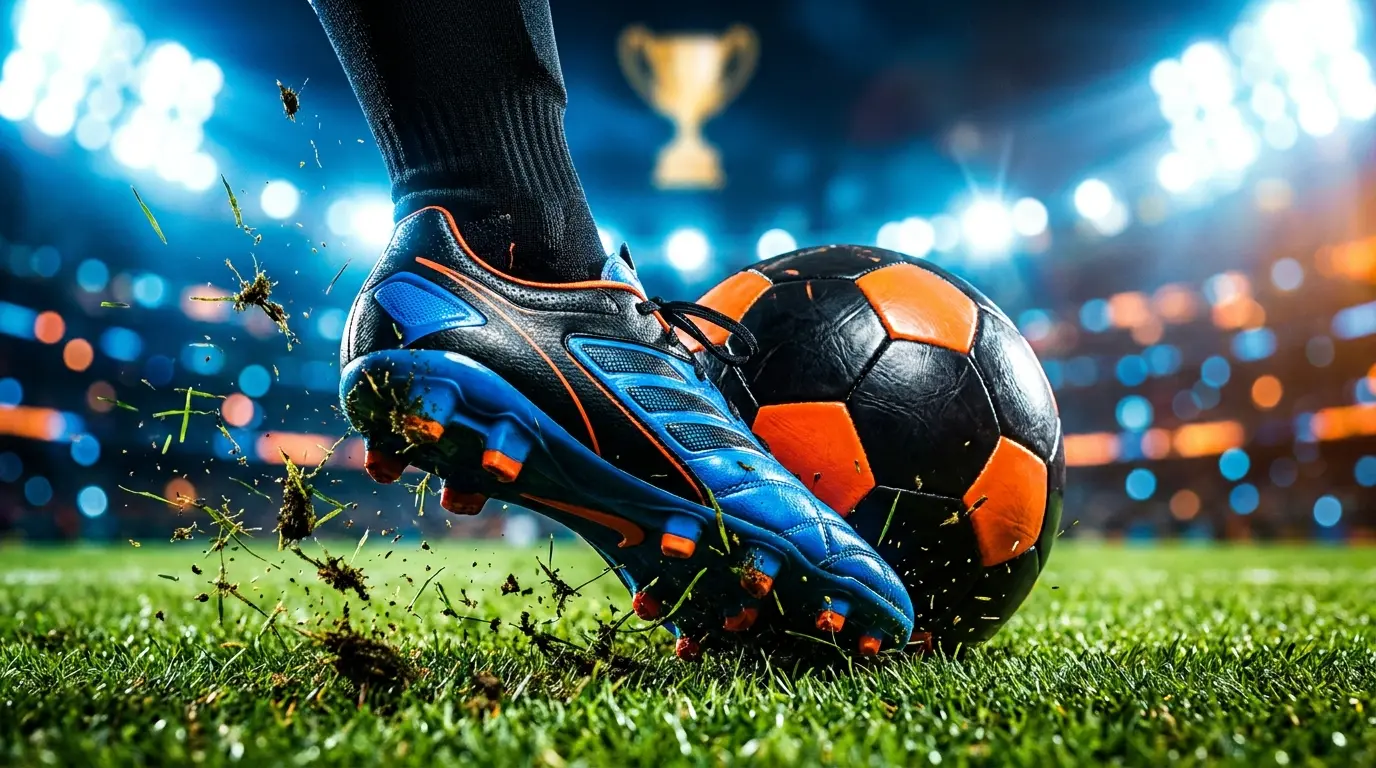 Scarpa da calcio che colpisce il pallone con luci dello stadio