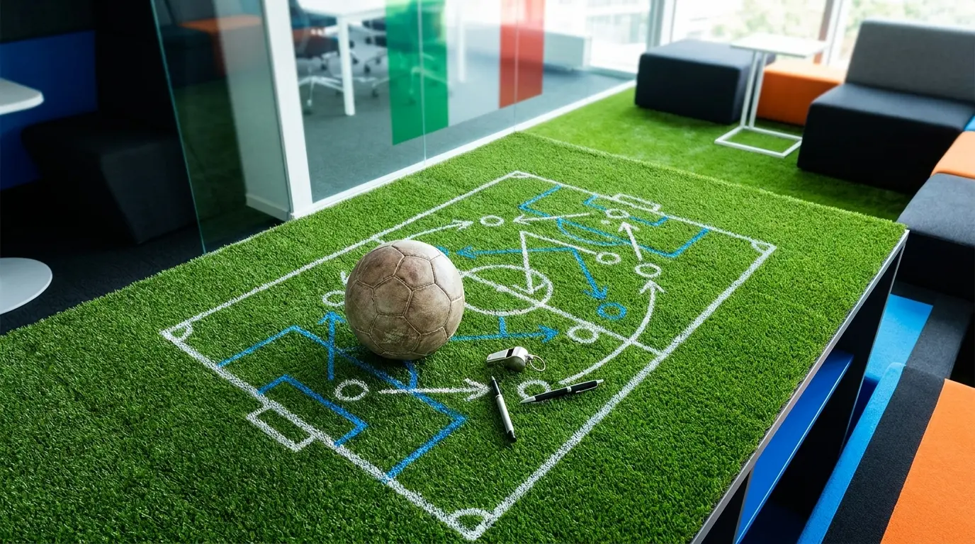 Pallone da calcio su schema tattico con elementi strategici