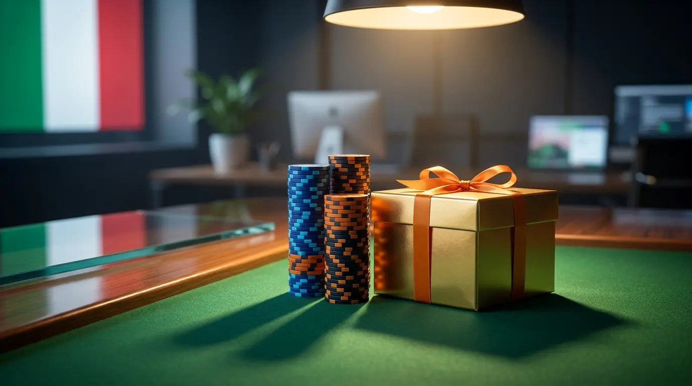 Chip da casinò e regalo su tavolo verde con colori italiani