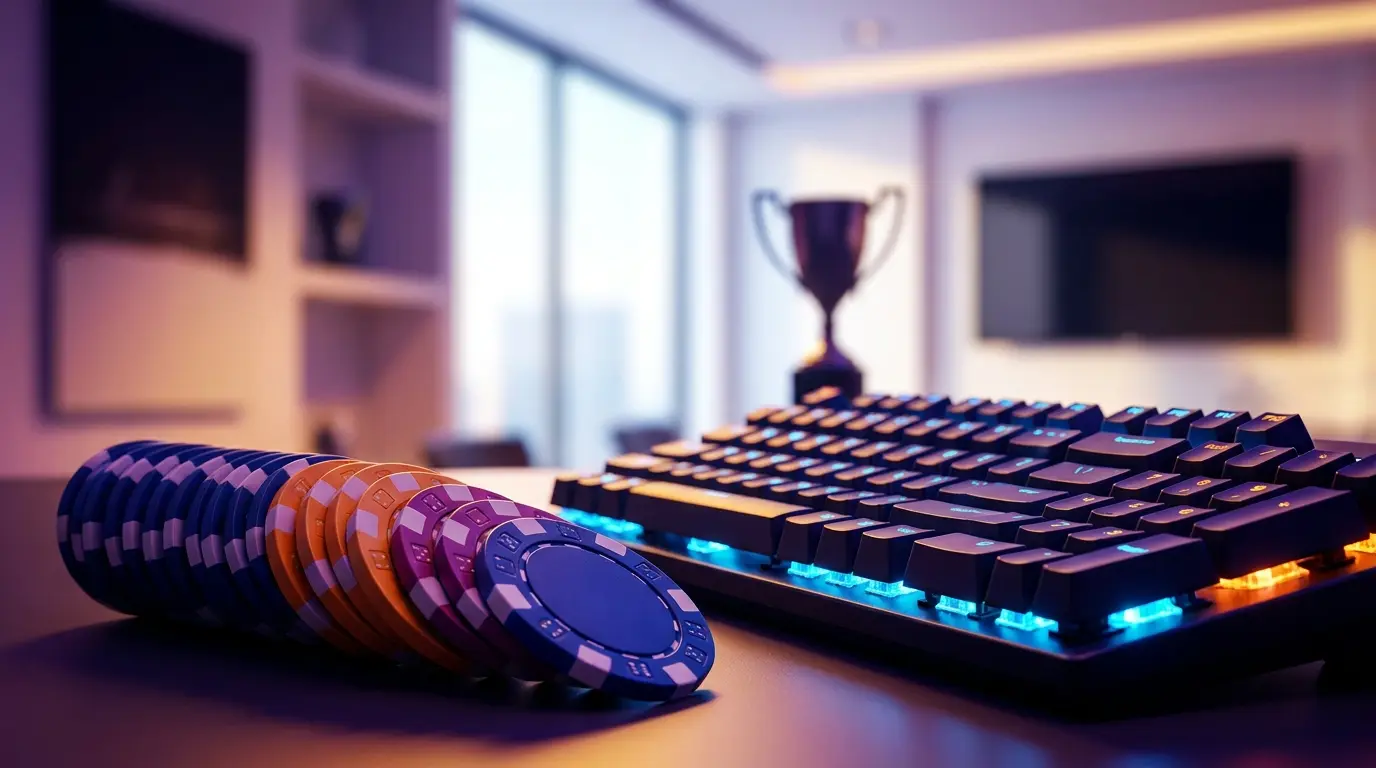Fiches da poker accanto a tastiera gaming illuminata con trofeo sullo sfondo
