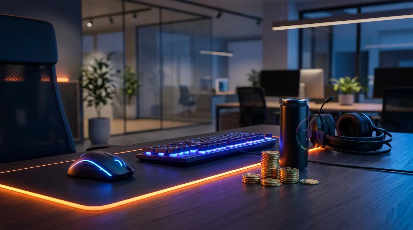 Setup gaming con mouse, tastiera e monete per scommesse eSport