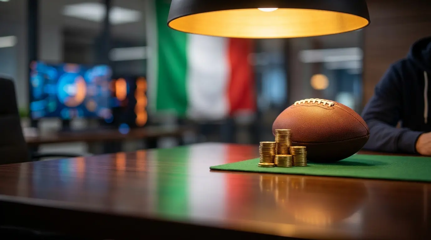 Monete dorate e pallone su sfondo verde con riflessi tricolore