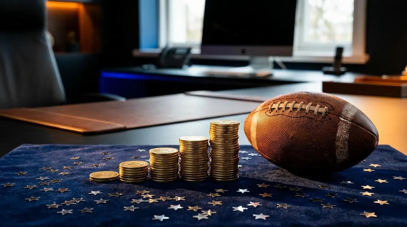 Monete dorate impilate accanto a pallone da calcio con stelle