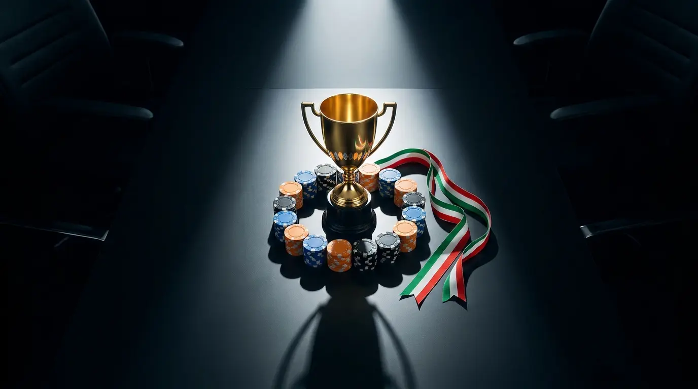 Trofeo dorato circondato da fiches colorate da casinò